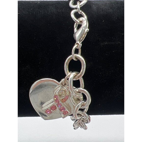 Silver-Tone Heart Charm Bracelet With Pink Ribbon Gemstone Design 7 Inches Women - Picture 3 of 5